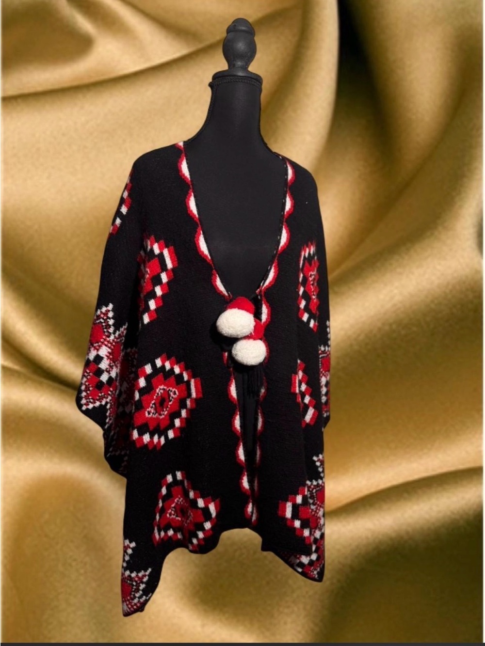 Relativity Black Sweater Poncho with Red & White Pom-Poms